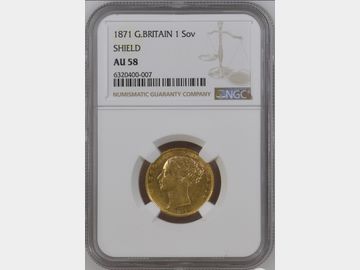 1871 VICTORIA YOUNG HEAD LONDON MINT SHIELD GOLD SOVEREIGN AU58