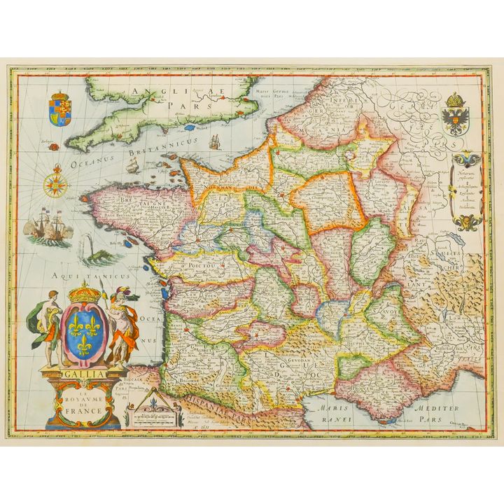 Antique 17th Century Handcolored Map of France- 21.5x26.5'' board