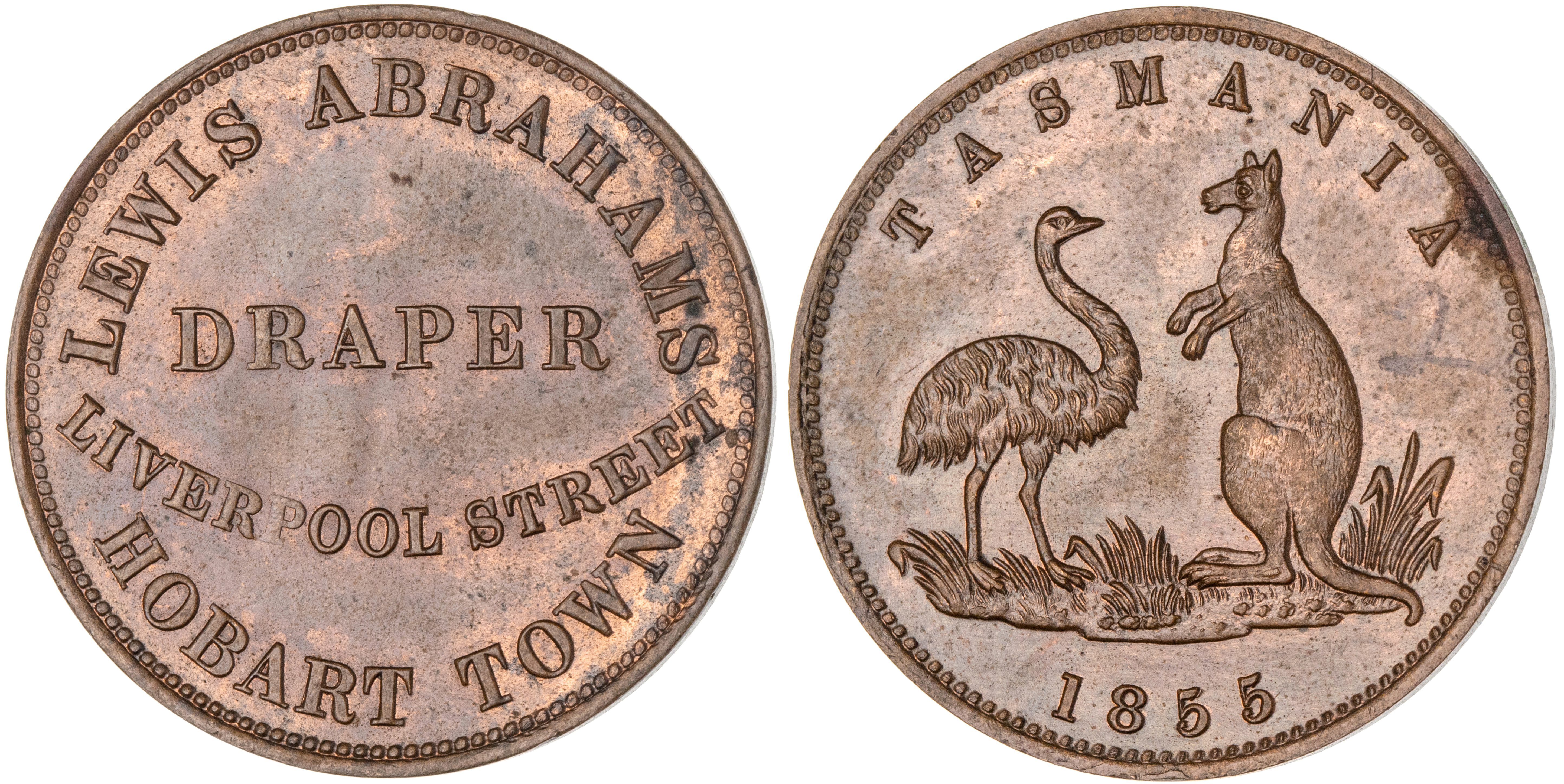 Hobart Town, Tasmania, Lewis Abrahams, Halfpenny, 1855, UNC