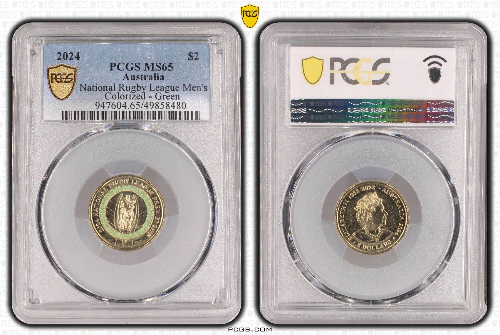 National Rugby League Men's Colorized - Green, Two Dollar, 2024, PCGS MS65