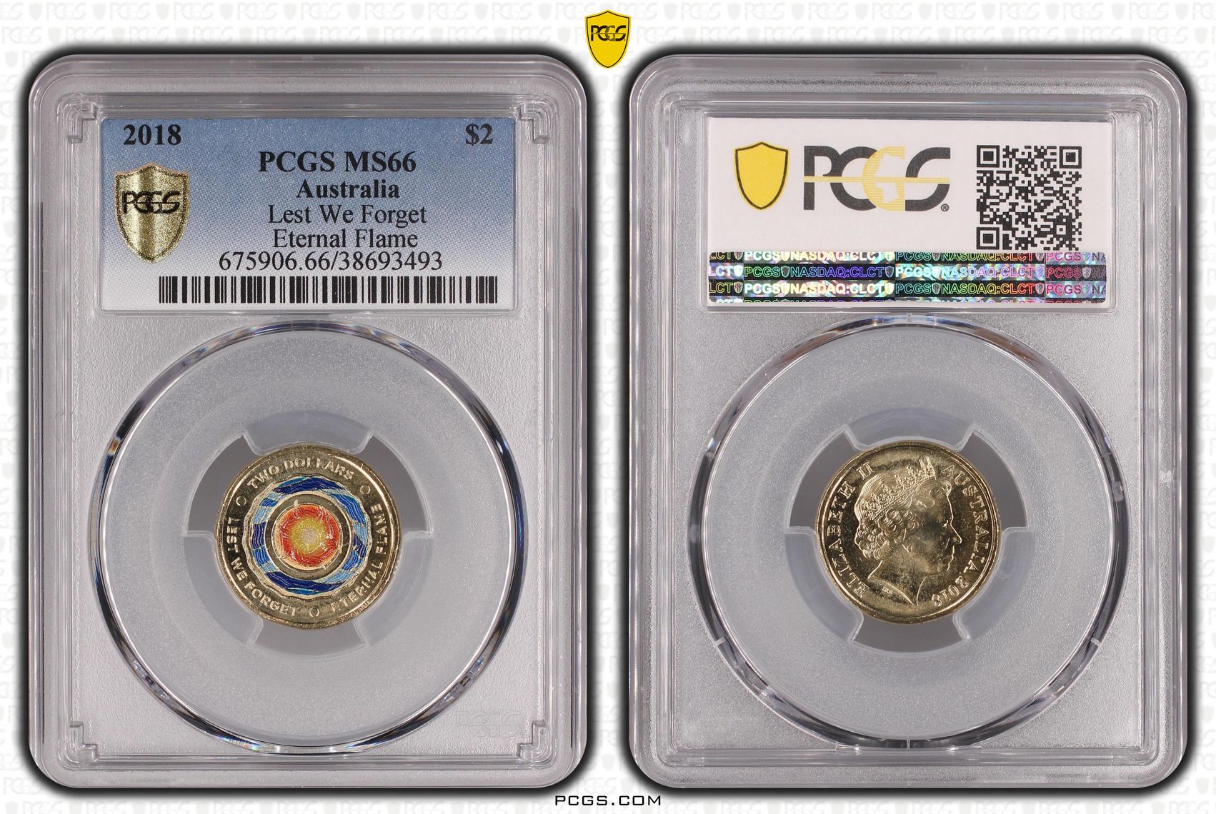 407 · Lest We Forget - Eternal Flame Colorized , Two Dollar, 2018, PCGS MS66