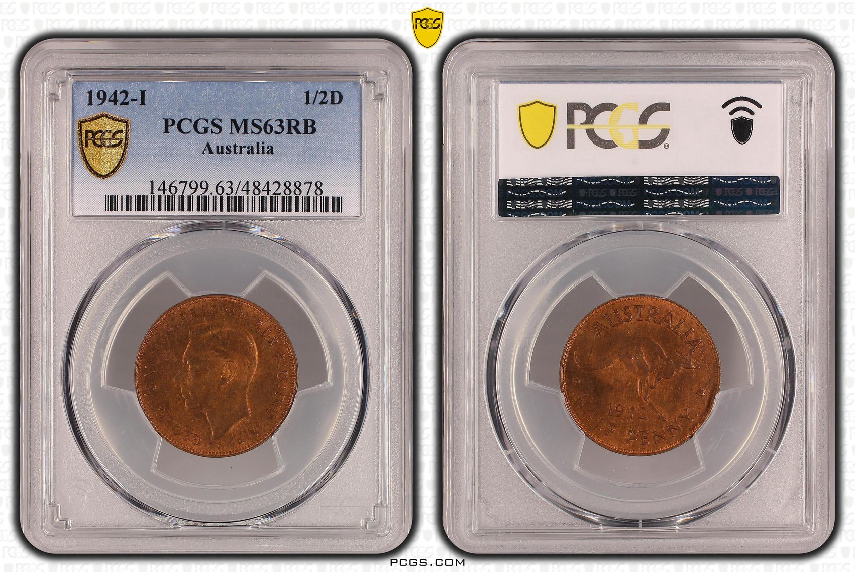 Halfpenny, 1942-I, PCGS MS 63RB