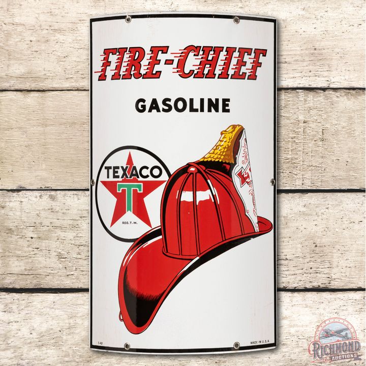 1940 Texaco White T Fire Chief Gasoline Curved Porcelain Pump Plate Sign