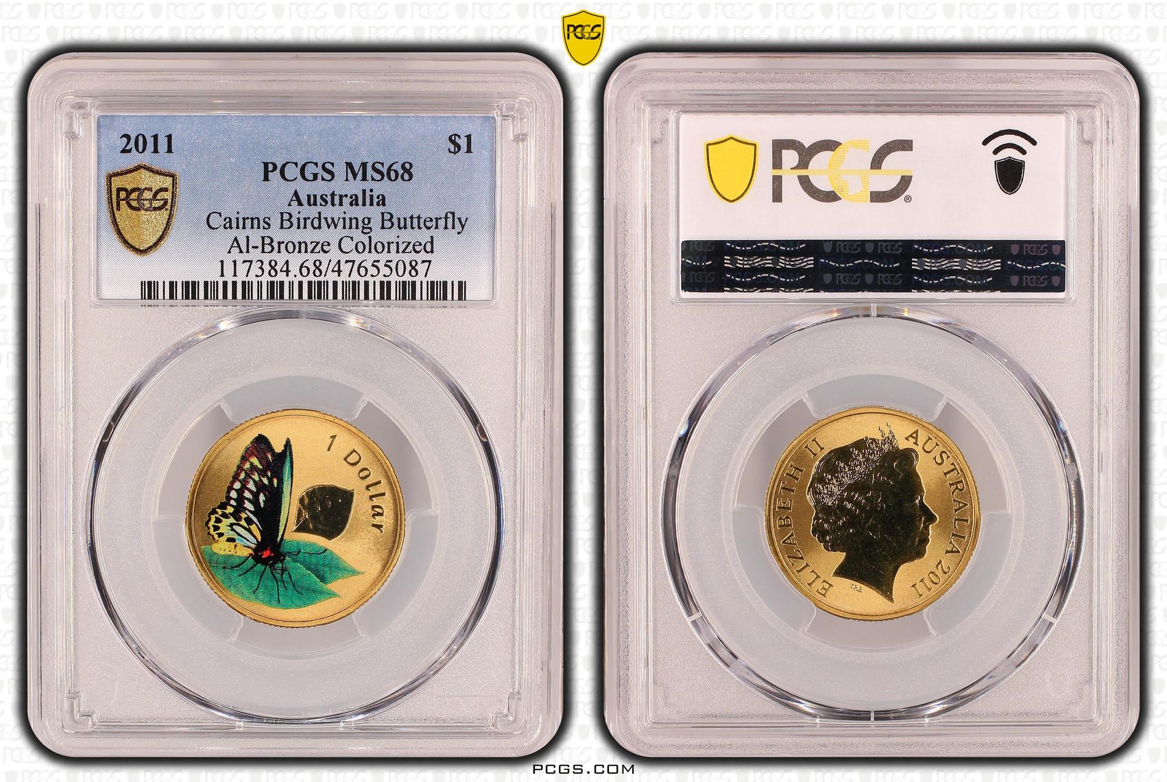 Elizabeth II, Cairns Birdwing Butterfly Al-Bronze Colorized, One Dollar, 2011, PCGS MS68