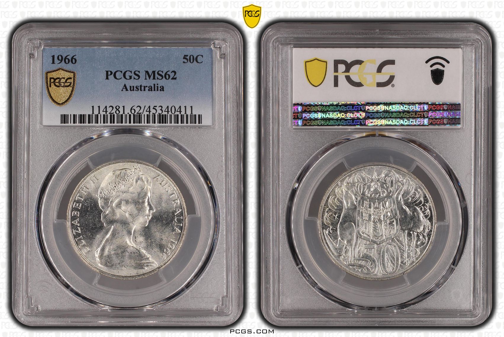 1966 Australia Fifty Cent, 50c Silver PCGS - MS62 -411