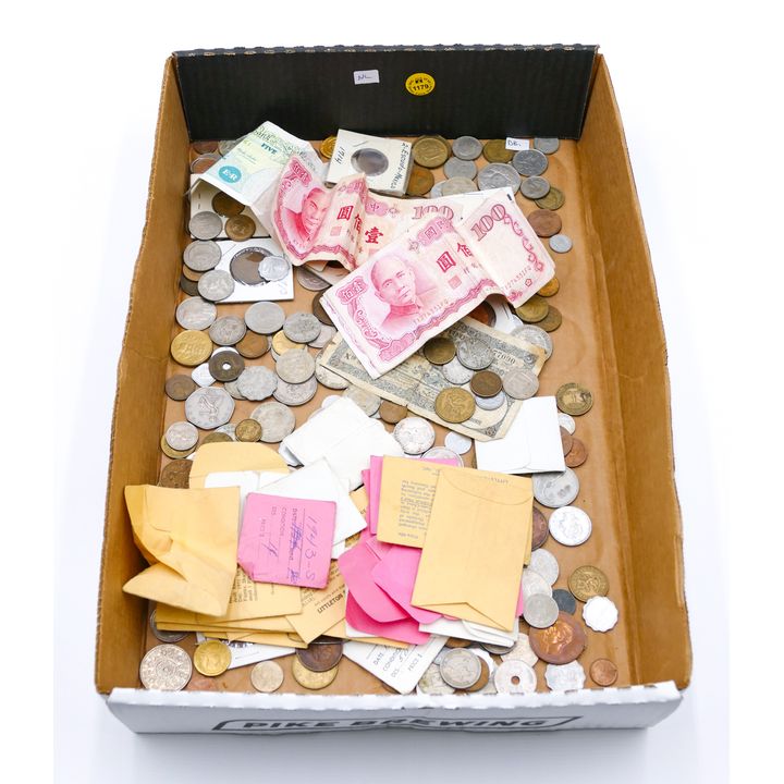 Box Misc. Foreign Coins & Currency - 3.4 Pounds TW