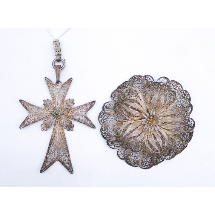 2pc Sterling Filigree Large Brooch & Pendant 3.5'' - 60 Grams TW