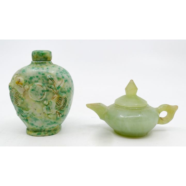 2pc Chinese Carved Jade Snuff Bottle and Mini Teapot 2.5''