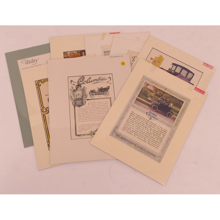 8 PC Antique Electric Car Advertisements. Matted & Shrink-wrapped. Largest Measures 17x13''