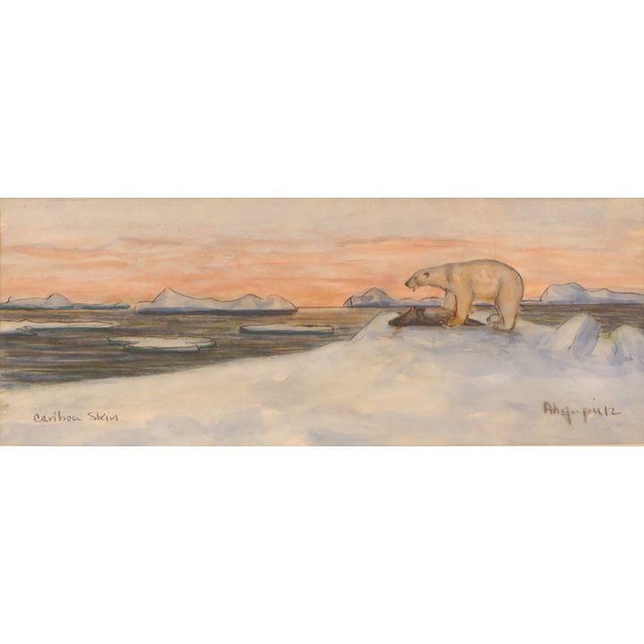 George Ahgupuk Polar Bear Color Drawing on Caribou Skin Framed 8''x14''