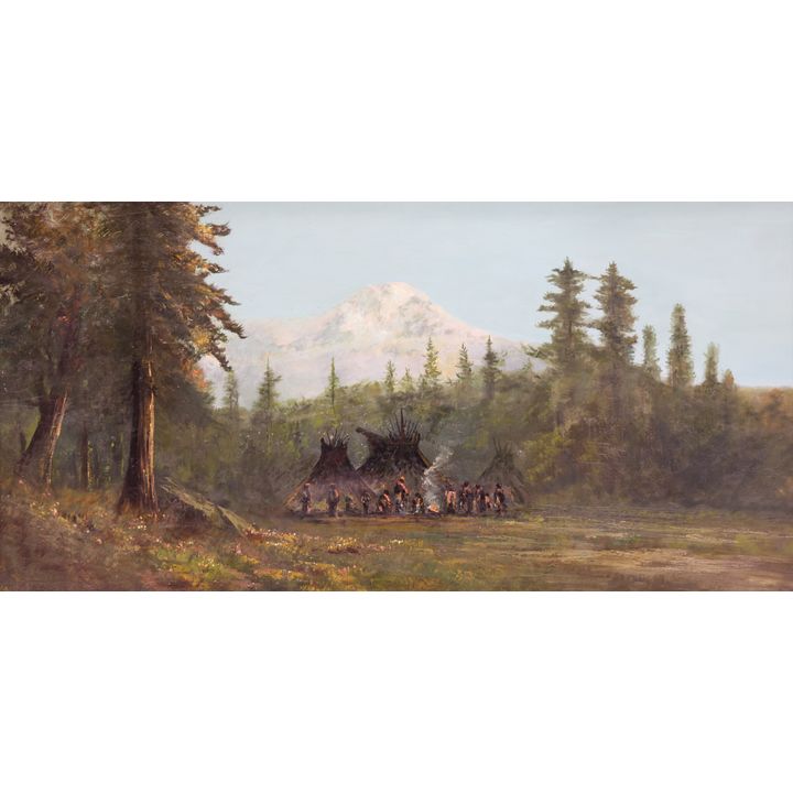American 19th Cent. NW Indian Camp Oil Painting
