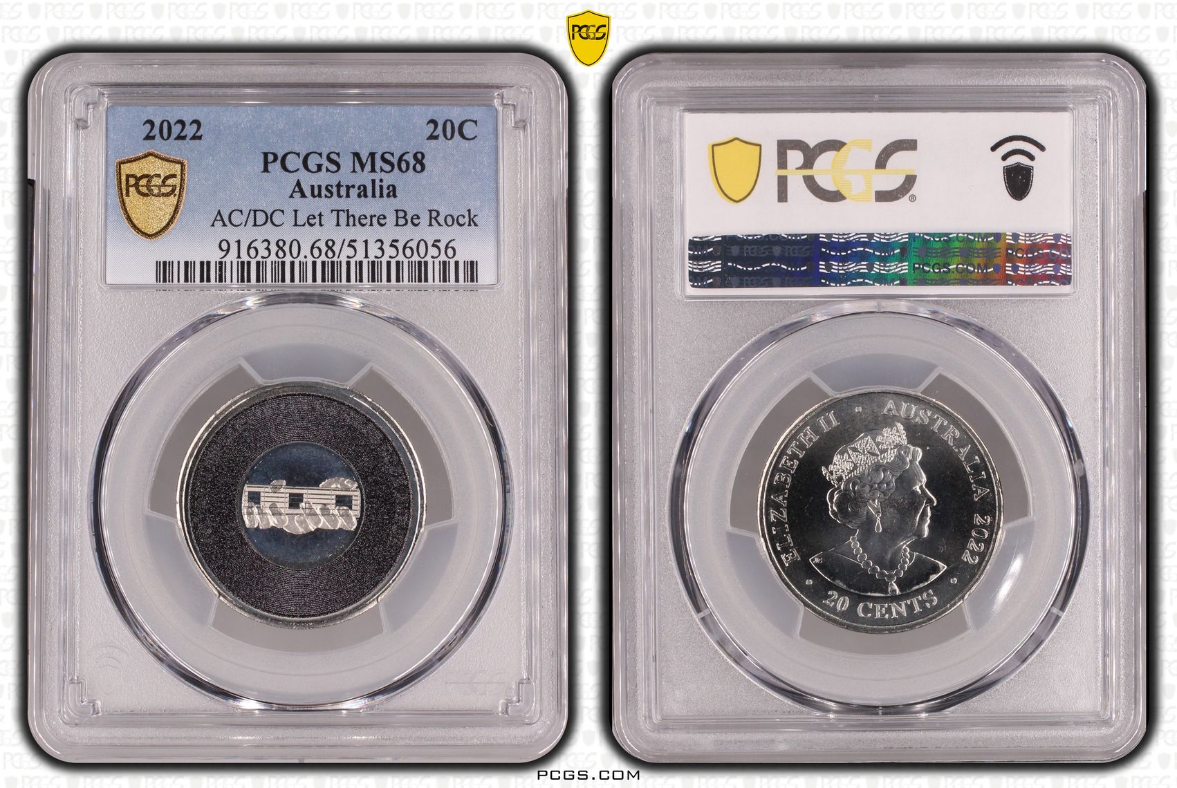 AC/DC Let There Be Rock, Twenty Cent, 2022, PCGS MS68