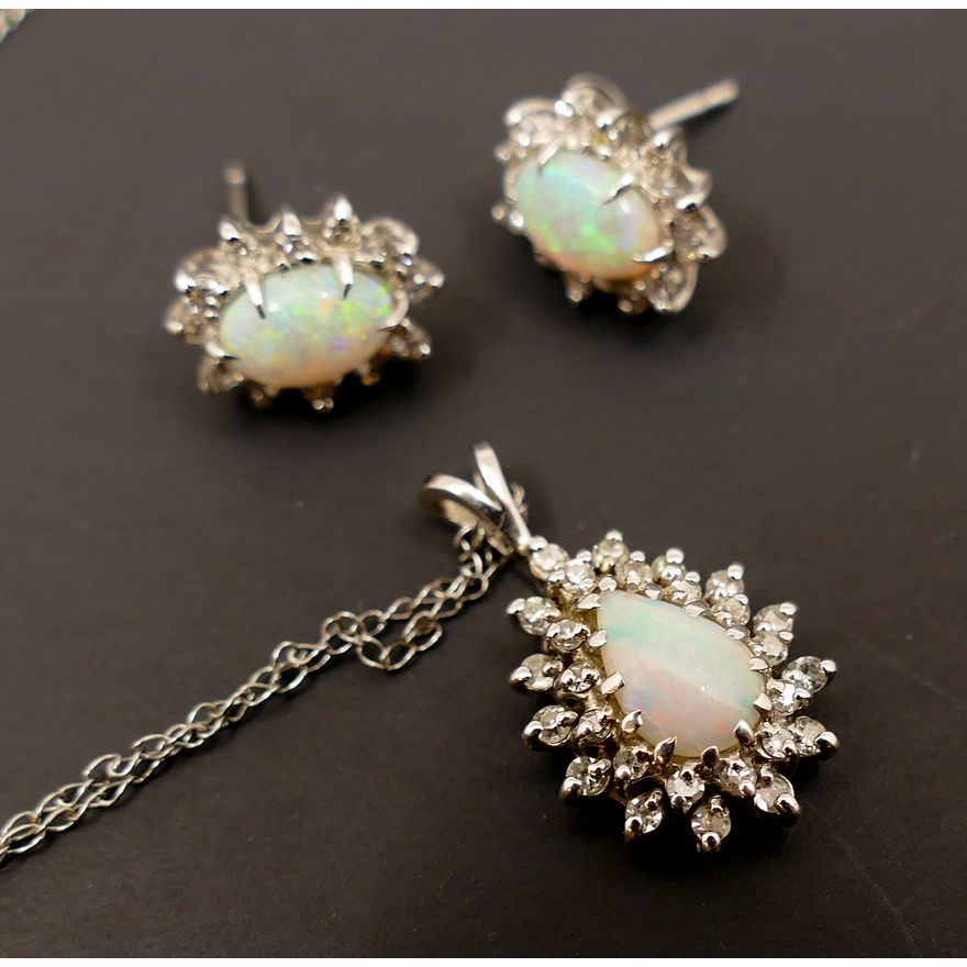 3pc 14K White Gold Opal & Diamond Earrings & Pendant with Chain- 4.2g TW