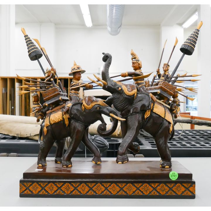Thai Fighting Elephants Wood Sculpture- 16x18''