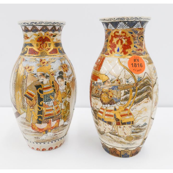 Pair Meiji Japanese Samurai Satsuma Cabinet Vases- 6'' (one has rim repair)