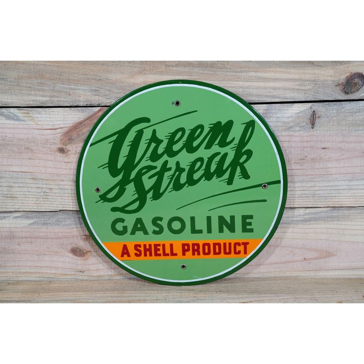 12" Shell Green Streak Gasoline Single Sided Porcelain Pump Sign TAC 9