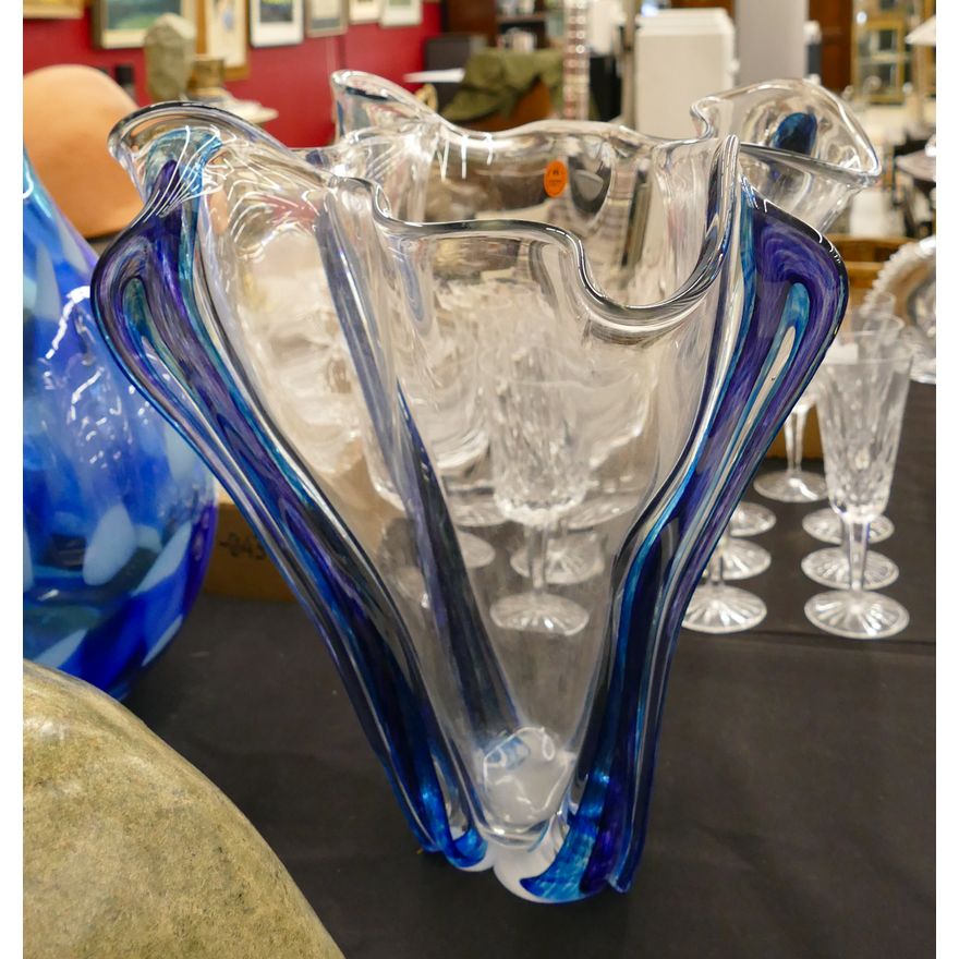 Matthew Buechner Blue/Clear Art Glass Large Vase 14''x12''