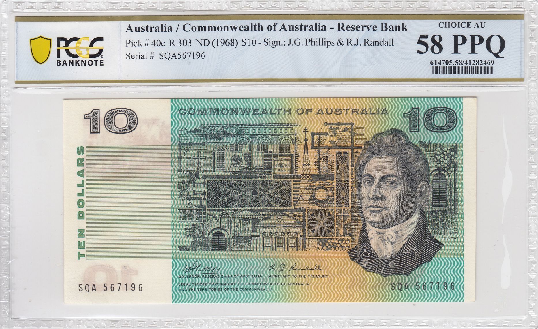 1968 Australia $10 Banknote Phillips/Randall Choice AU 58 PPQ PCGS