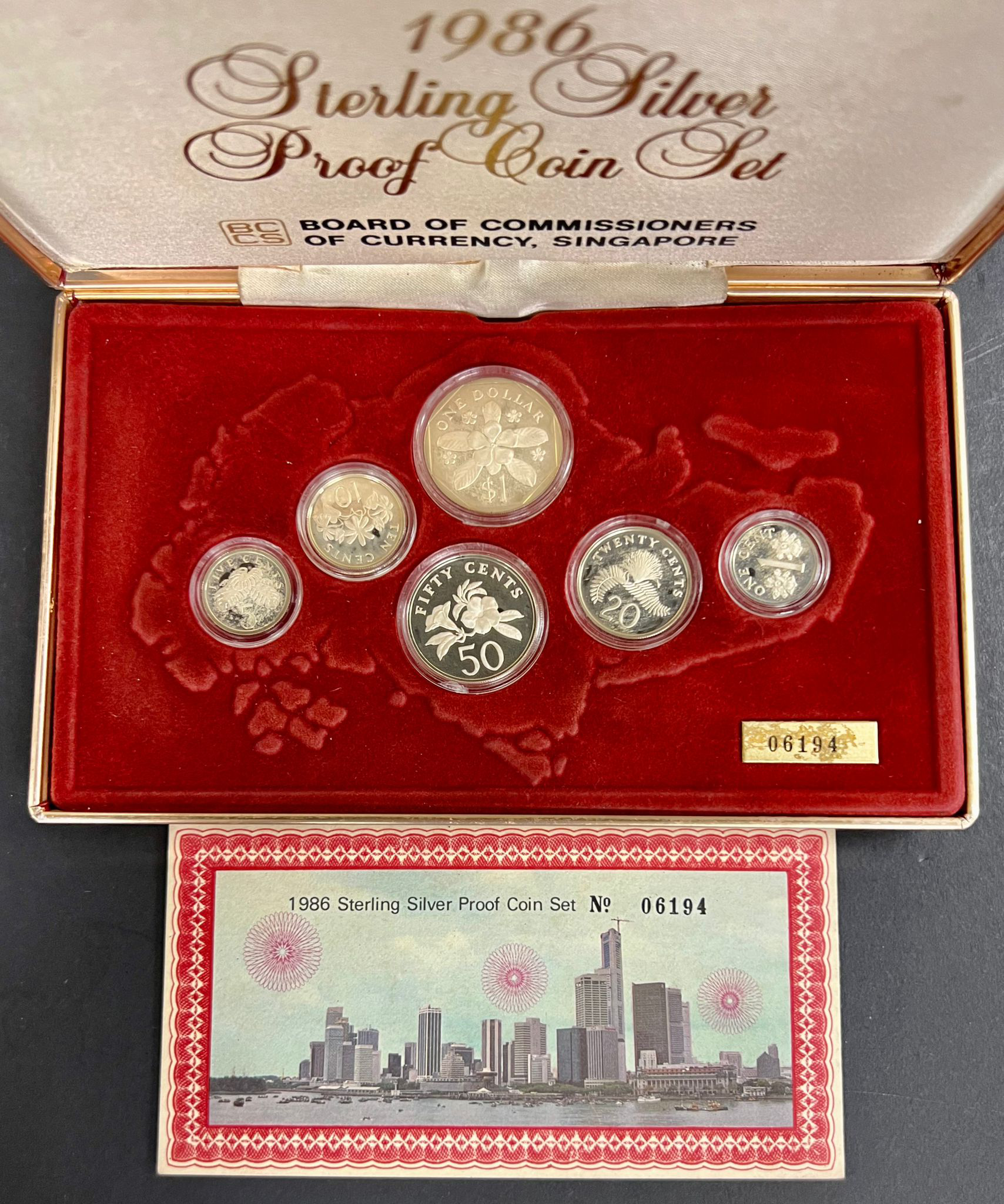 Singapore 1986 Silver Proof Coin Set 1 Cent - $1 with box and cert