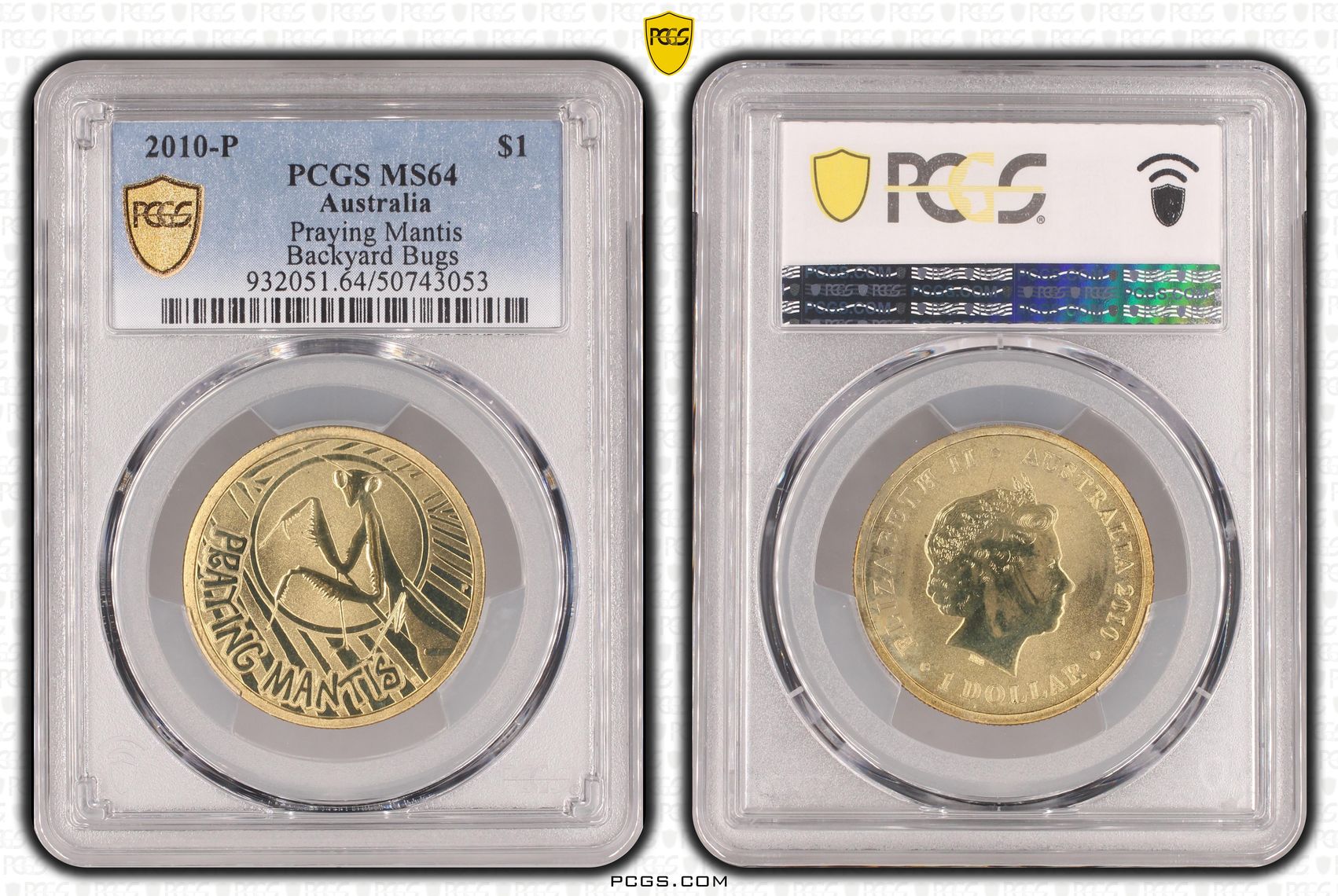 Praying Mantis Backyard Bugs, One Dollar, 2010-P, PCGS MS64