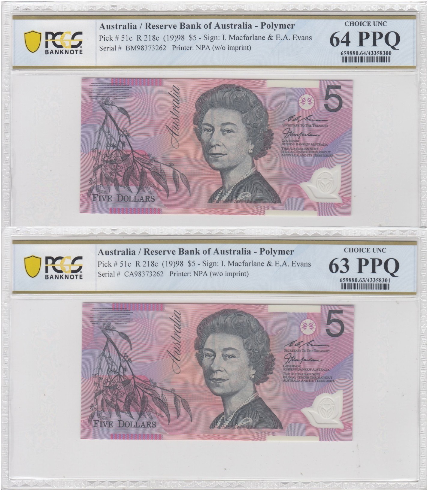 1998 $5 Macfarlane/Evans Choice Unc 63 PPQ Matching Serial Number Pair