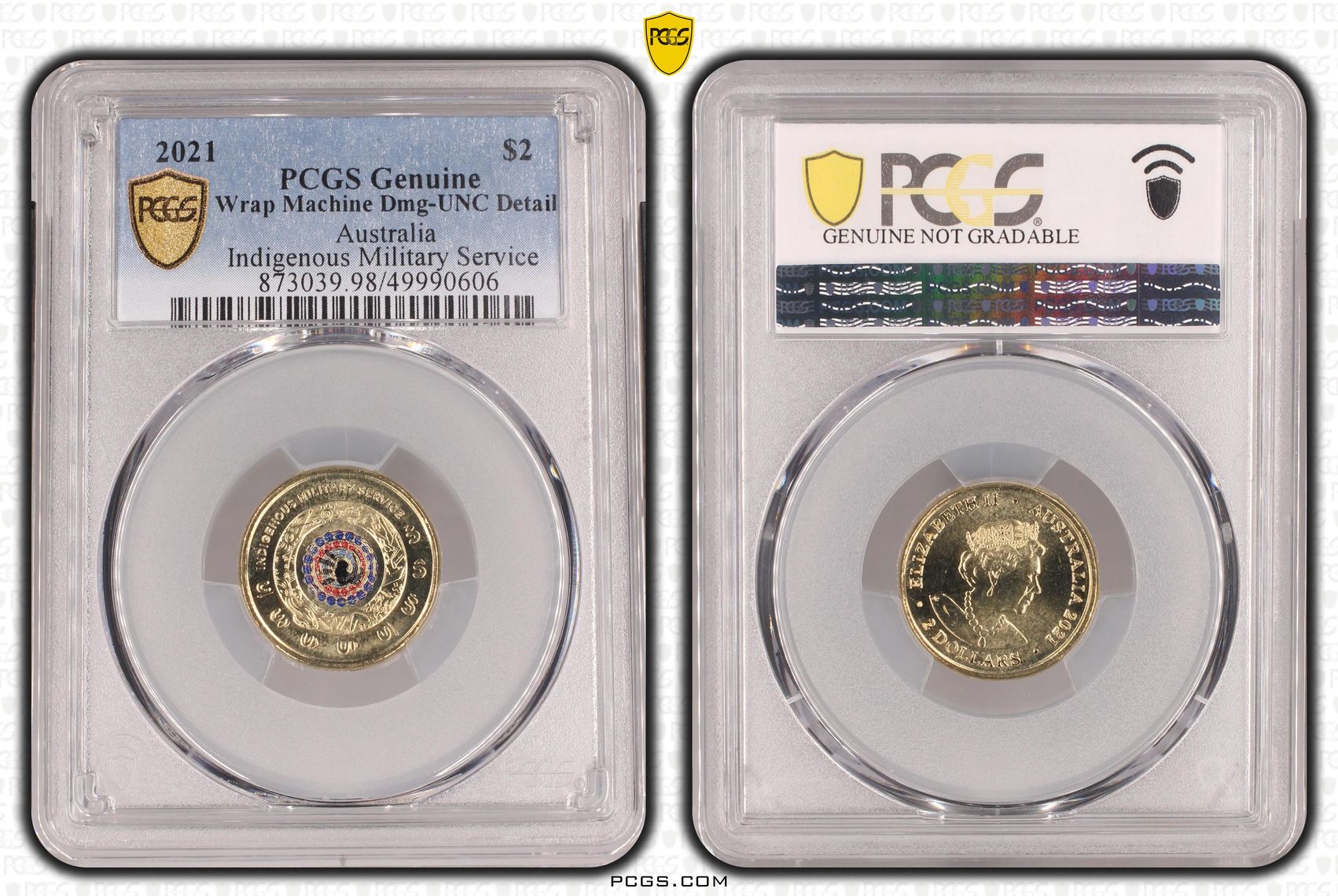 Indigenous Military Service Colourised, Two Dollar, 2021, PCGS Genuine - UNC Details (98 - Damage)