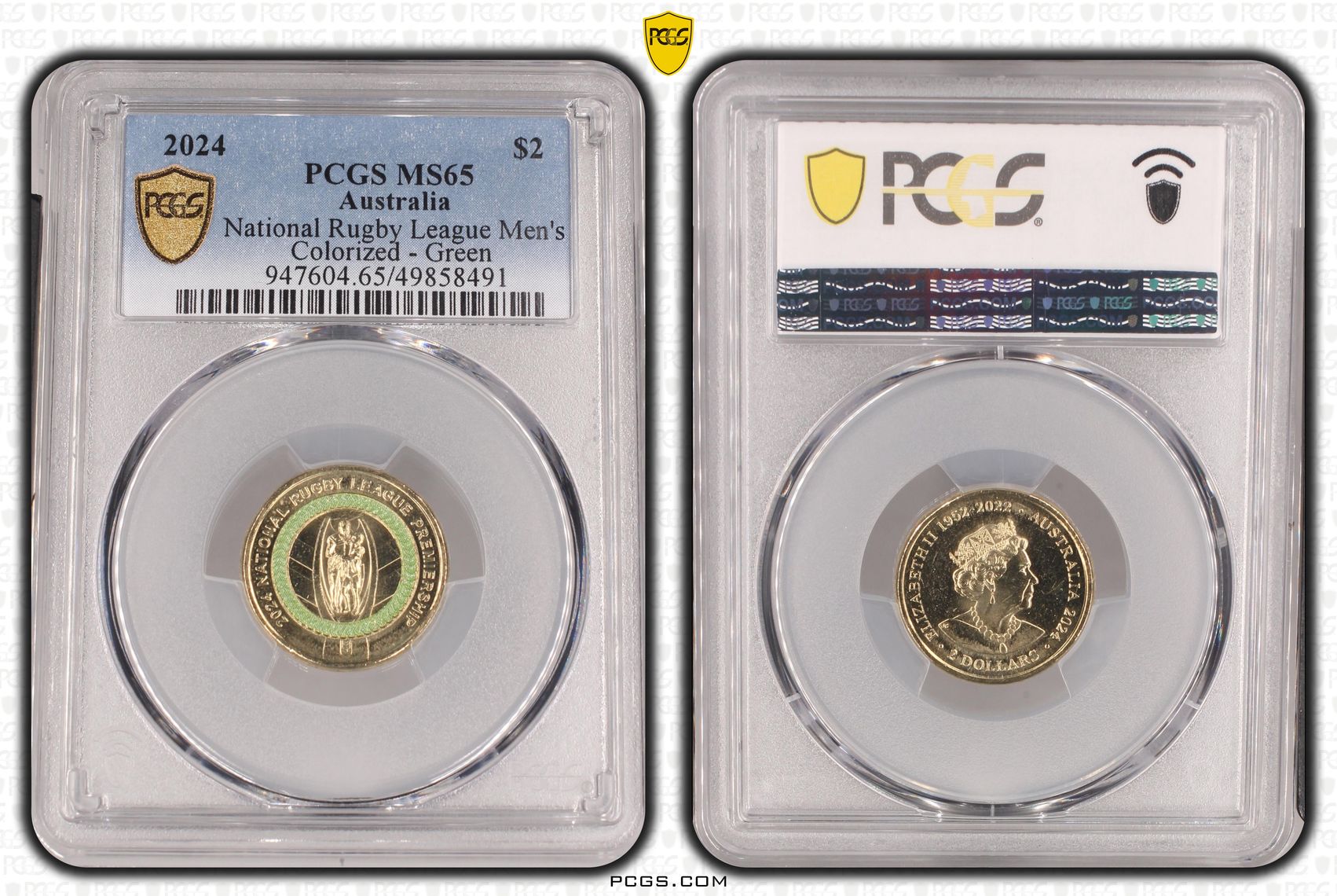 National Rugby League Men's Colorized - Green , Two Dollar, 2024, PCGS MS65