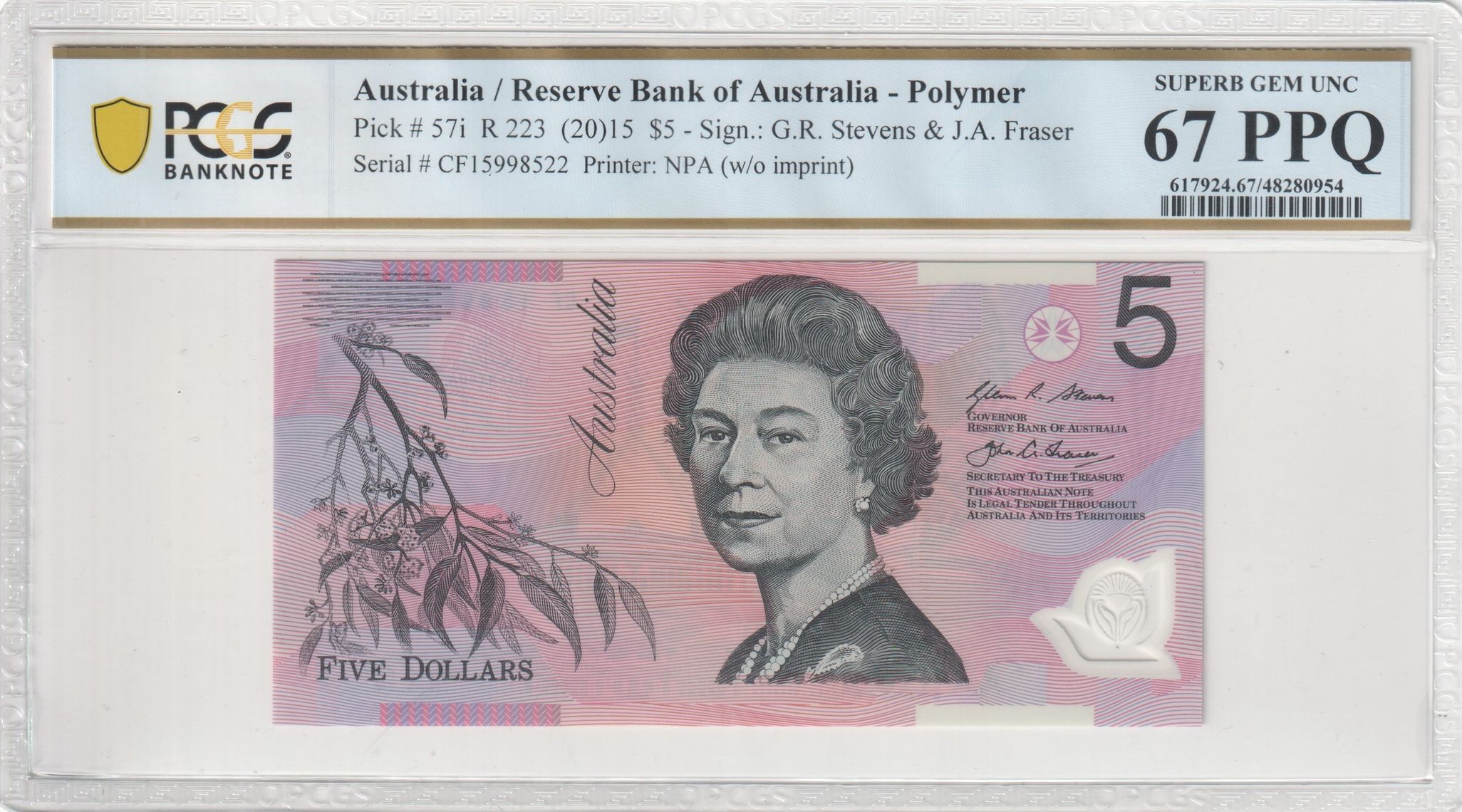 458 · Stevens/Fraser, Five Dollar, 2015, PCGS Superb Gem UNC 67 PPQ