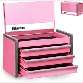 ZZZZ-S P.I.T. MINI PINK TOOL BOX, PORTABLE 3 DRAWER STEEL STACKABLE TOOL BOX WITH MAGNETIC TAB LOCKING, PINK MICRO TOP CHEST WITH