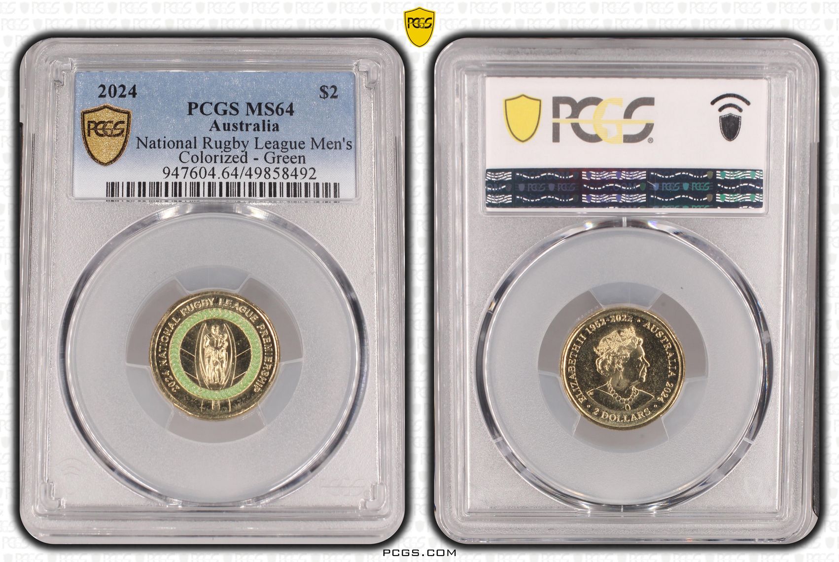 National Rugby League Men's Colorized - Green , Two Dollar, 2024, PCGS MS64