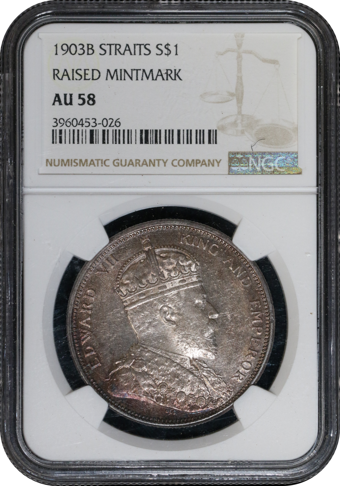 Straits Settlements 1903B $1 KEVII Raised MintMark NGC AU58 