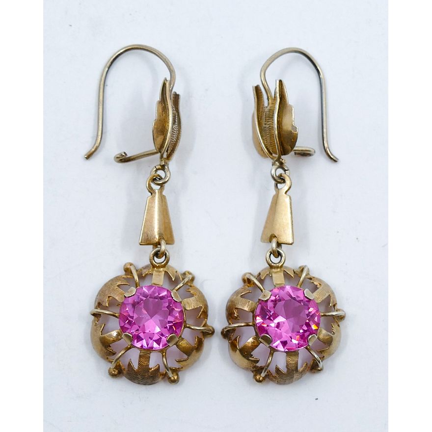 Pair Ladies Pink Tourmaline Gold Washed Drop Earrings 1.5''