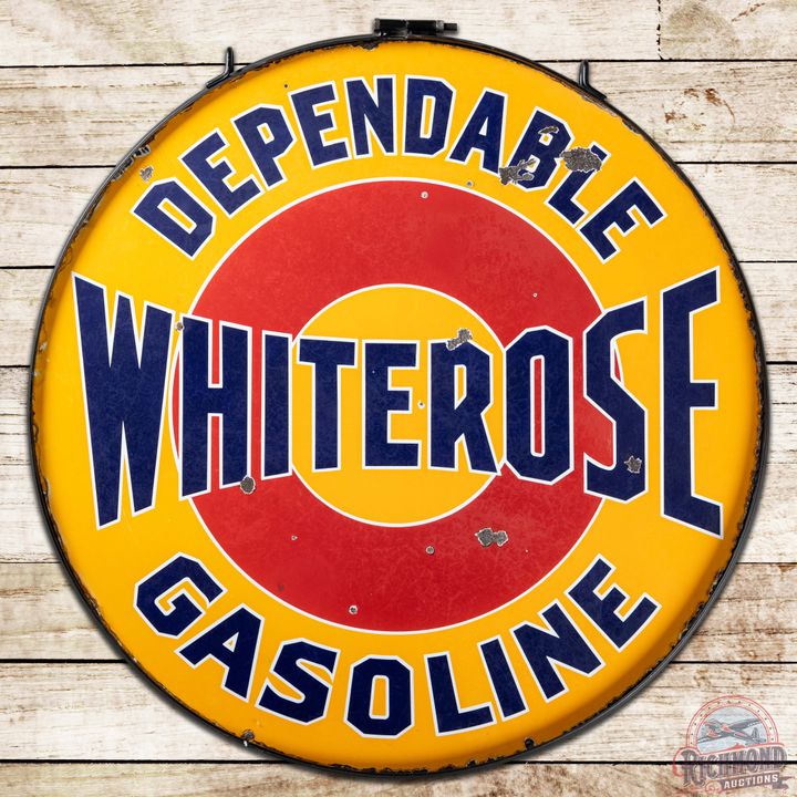 Scarce White Rose Dependable Gasoline 42" DS Porcelain Sign w/ Ring