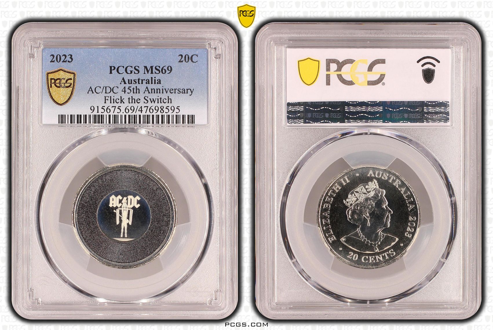 AC/DC 45th Anniversary - Flick the Switch, Twenty Cent, 2023, PCGS MS69