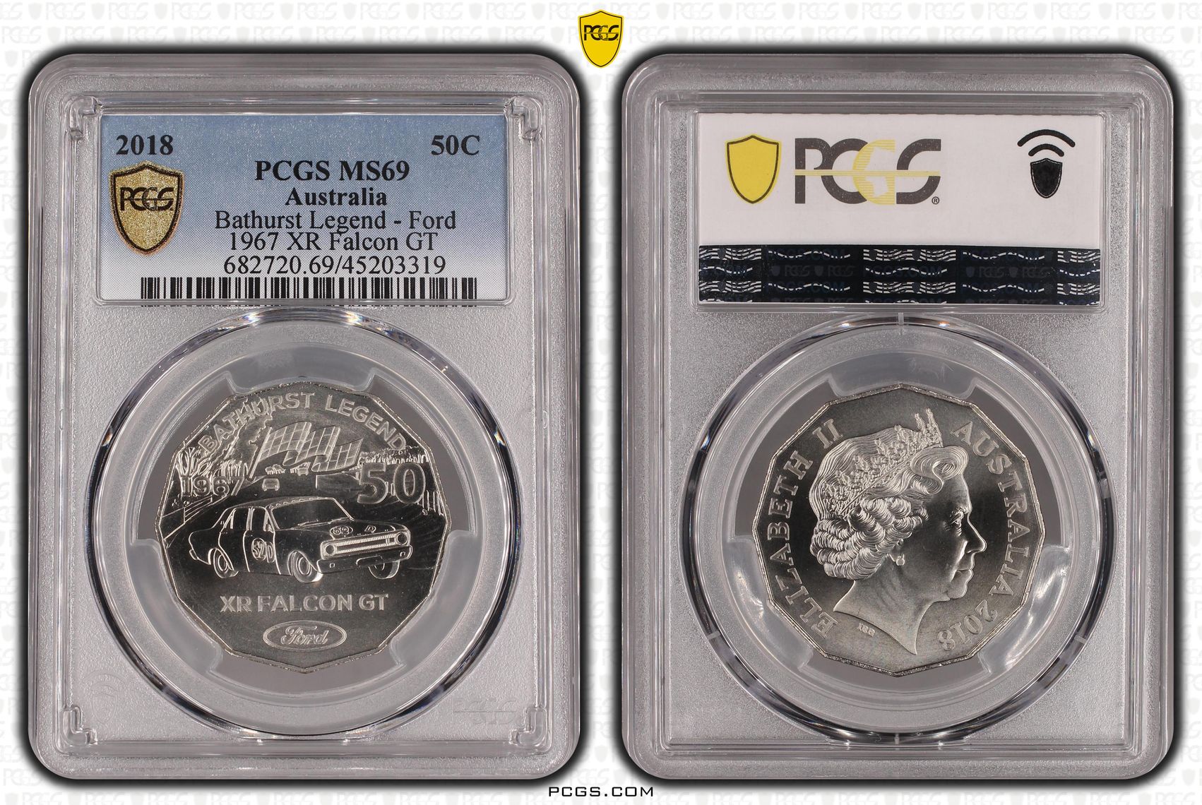 2018 Australia Fifty Cent, 50c Bathurst Legend - Ford 1967 XR Falcon GT PCGS - MS69 -319