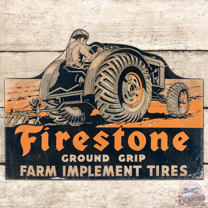 Firestone Ground Grip Farm Implement Tires DS Tin Flange Sign w/ Tractor