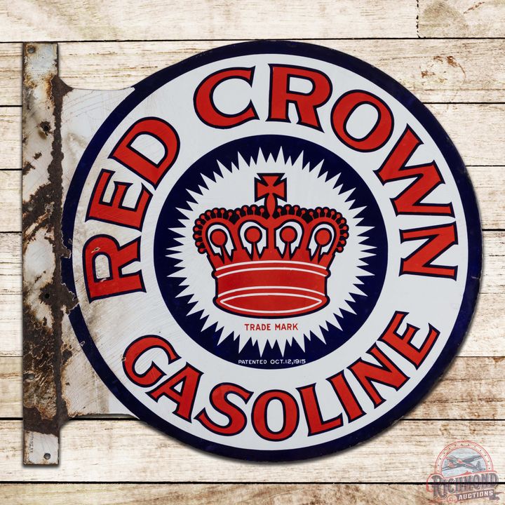 Red Crown Gasoline 24" Double Sided Porcelain Flange Sign w/ Logo