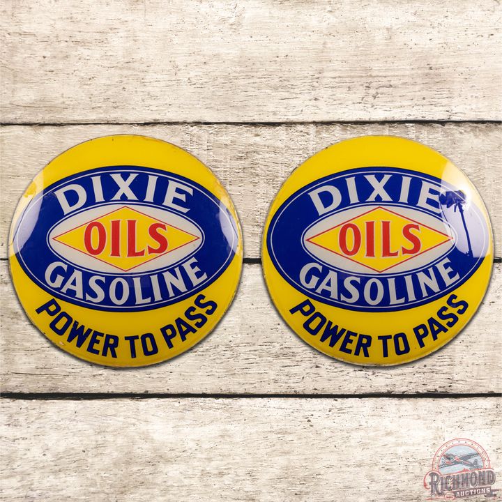 Pair of Dixie Oils Gasoline Power to Pass 13.25" Gas Pump Globe Lenses - 8.5