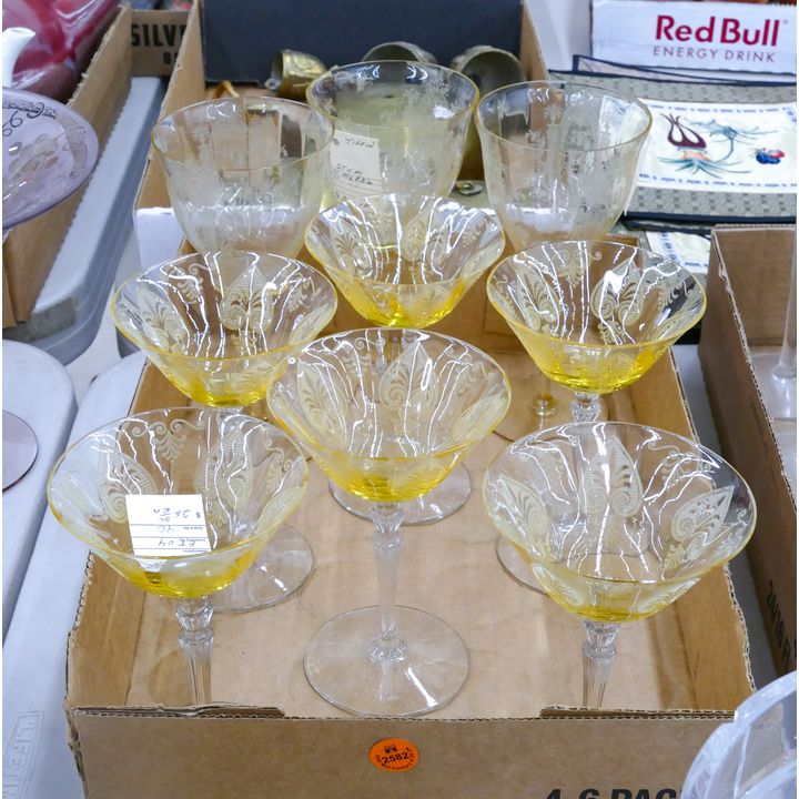 Box 9pc Fostoria Topaz Trojan Glass Stemware
