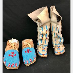 Two Pairs of Beaded Moccasins (High-top & Thunderbird)