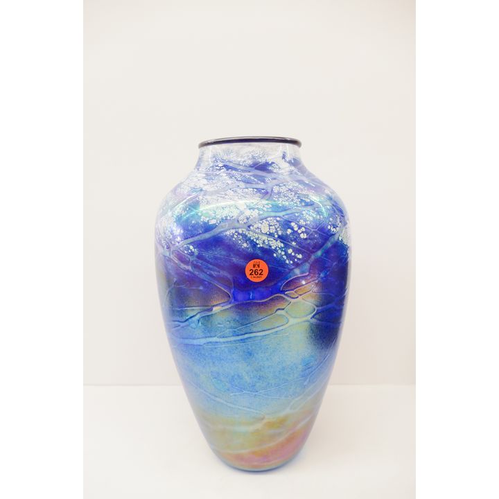 Tom Stoenner Blue Iridescent Studio Glass Vase- 14''