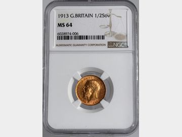 1913 GEORGE V LONDON MINT GOLD HALF SOVEREIGN MS64