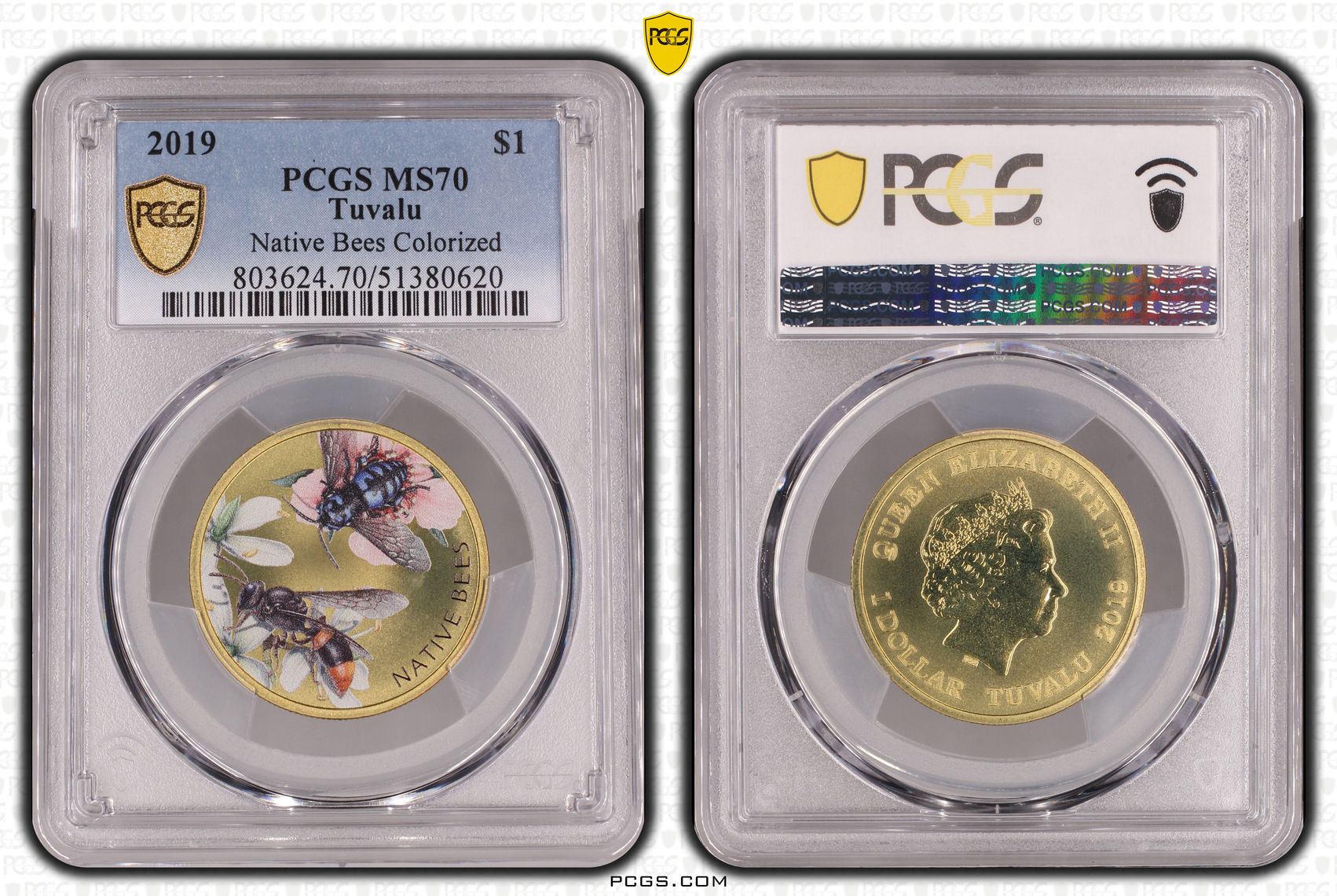 Tuvalu, Native Bees Colorized, POP 15/0, One Dollar, 2019, PCGS MS70