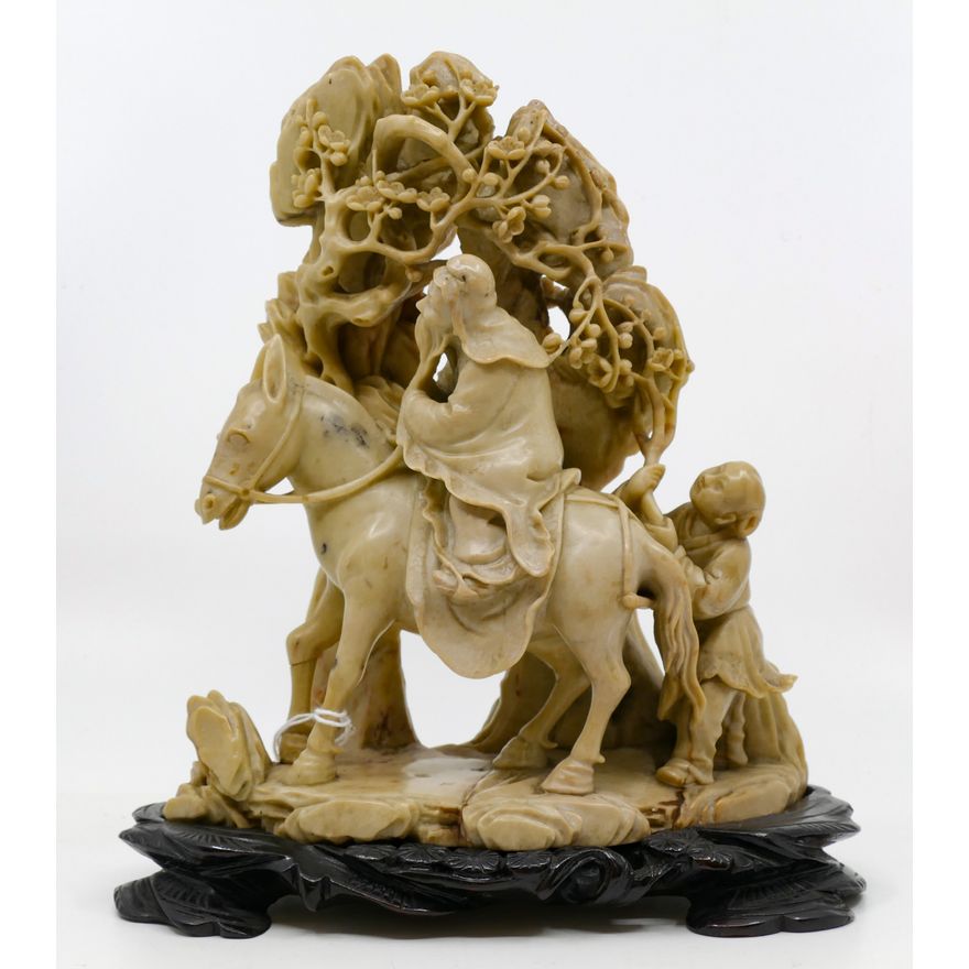 Old Chinese Scholar on Horseback Soapstone Carving 9.5''