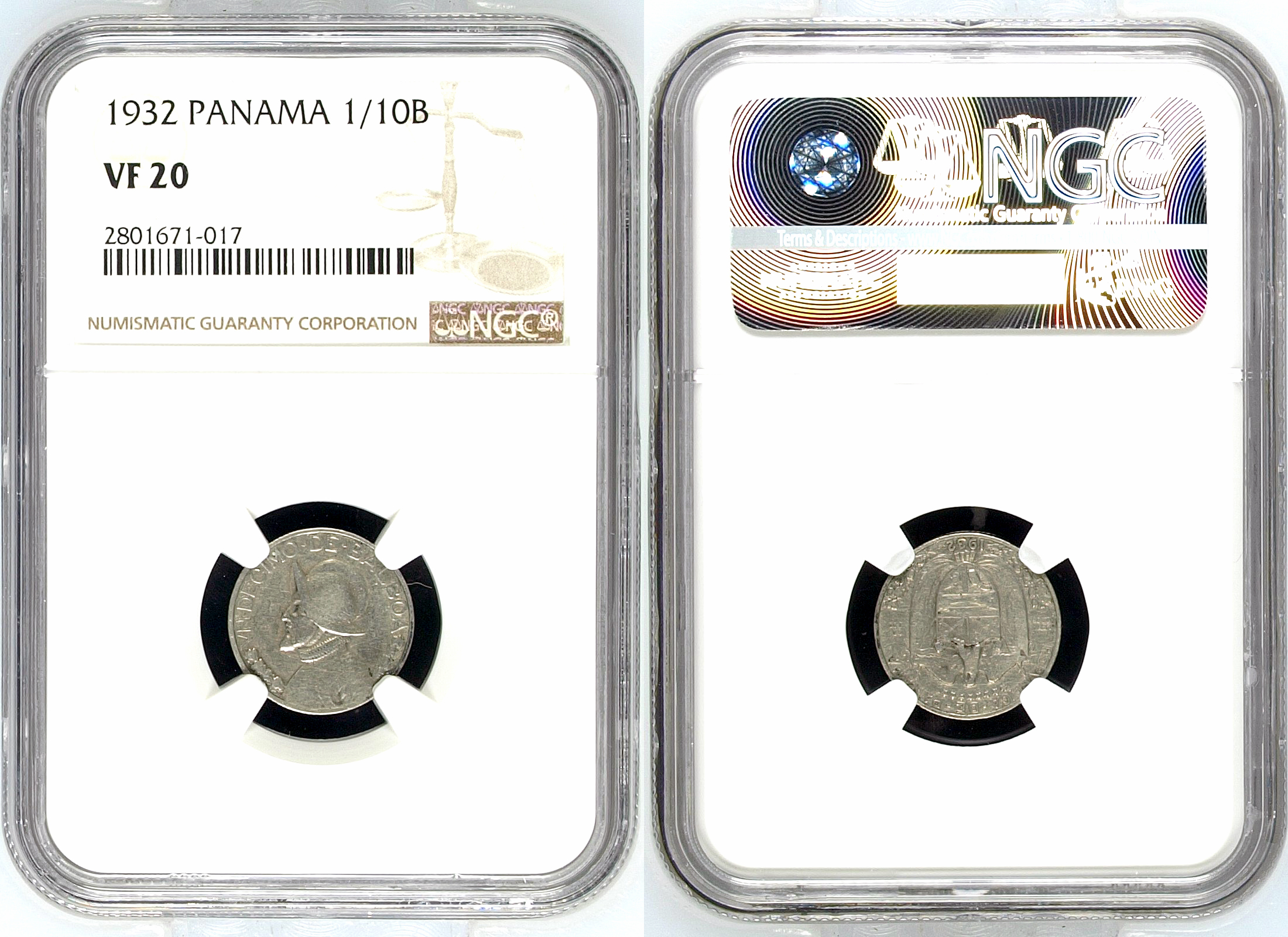 Panama, One Tenth Balboa, 1932, NGC VF 20