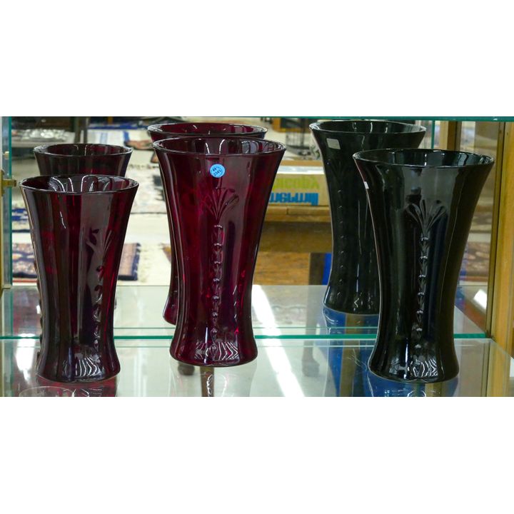 3pc Tall Red & Black Glass Vases - Largest 12''