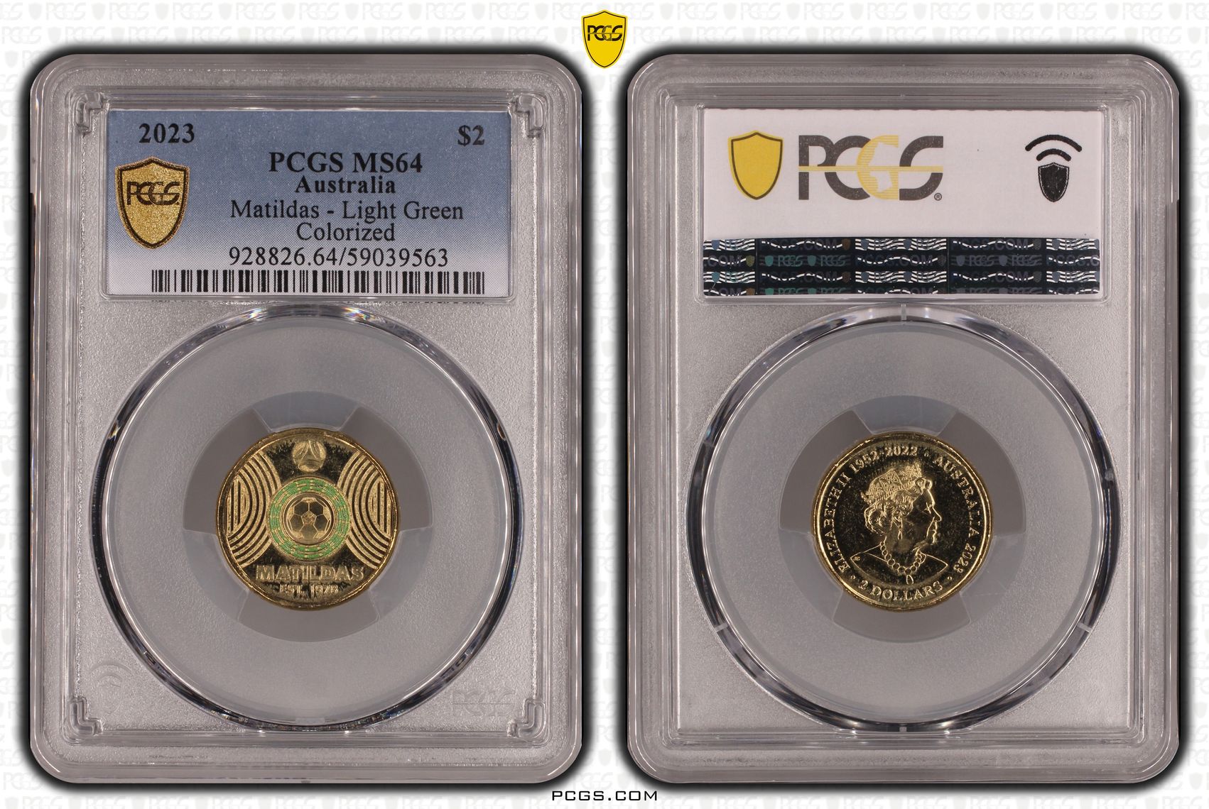 Matildas - Light Green Colorized, Two Dollar, 2023, PCGS MS64
