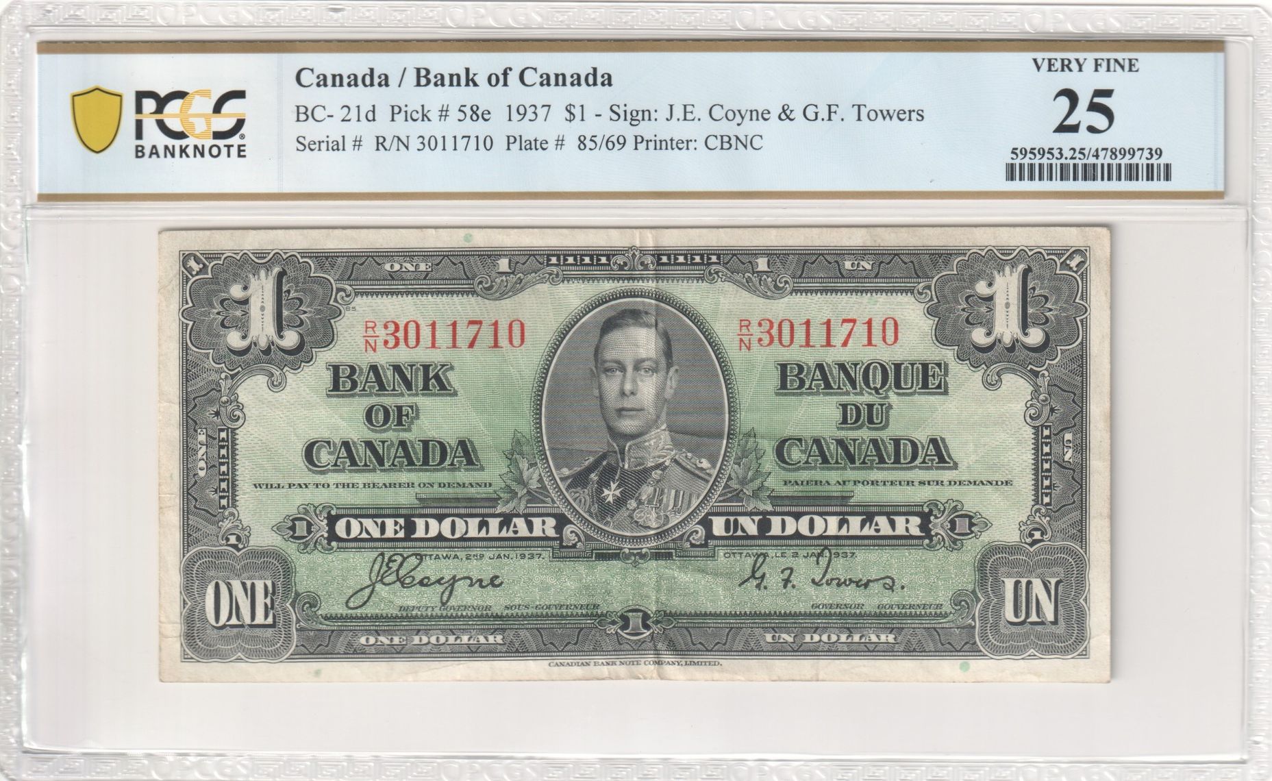 Canada, One Dollar, 1937, PCGS Very Fine 25