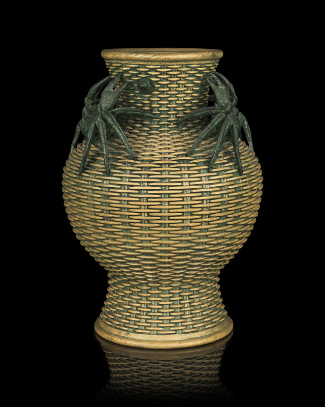 A Chinese Green Enameled Yixing Zisha Pottery Basket-Form Vase