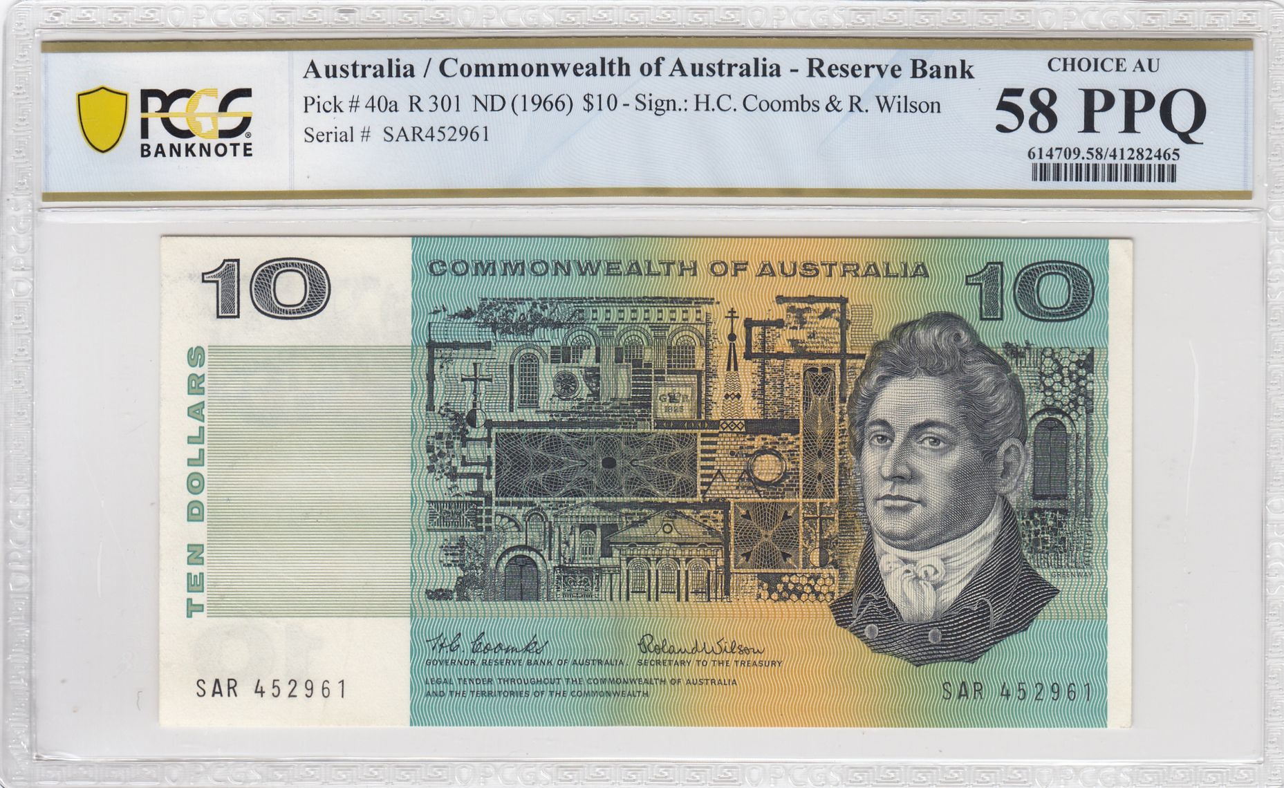 1966 Australia $10 Banknote Coombs/Wilson Choice AU 58 PPQ PCGS